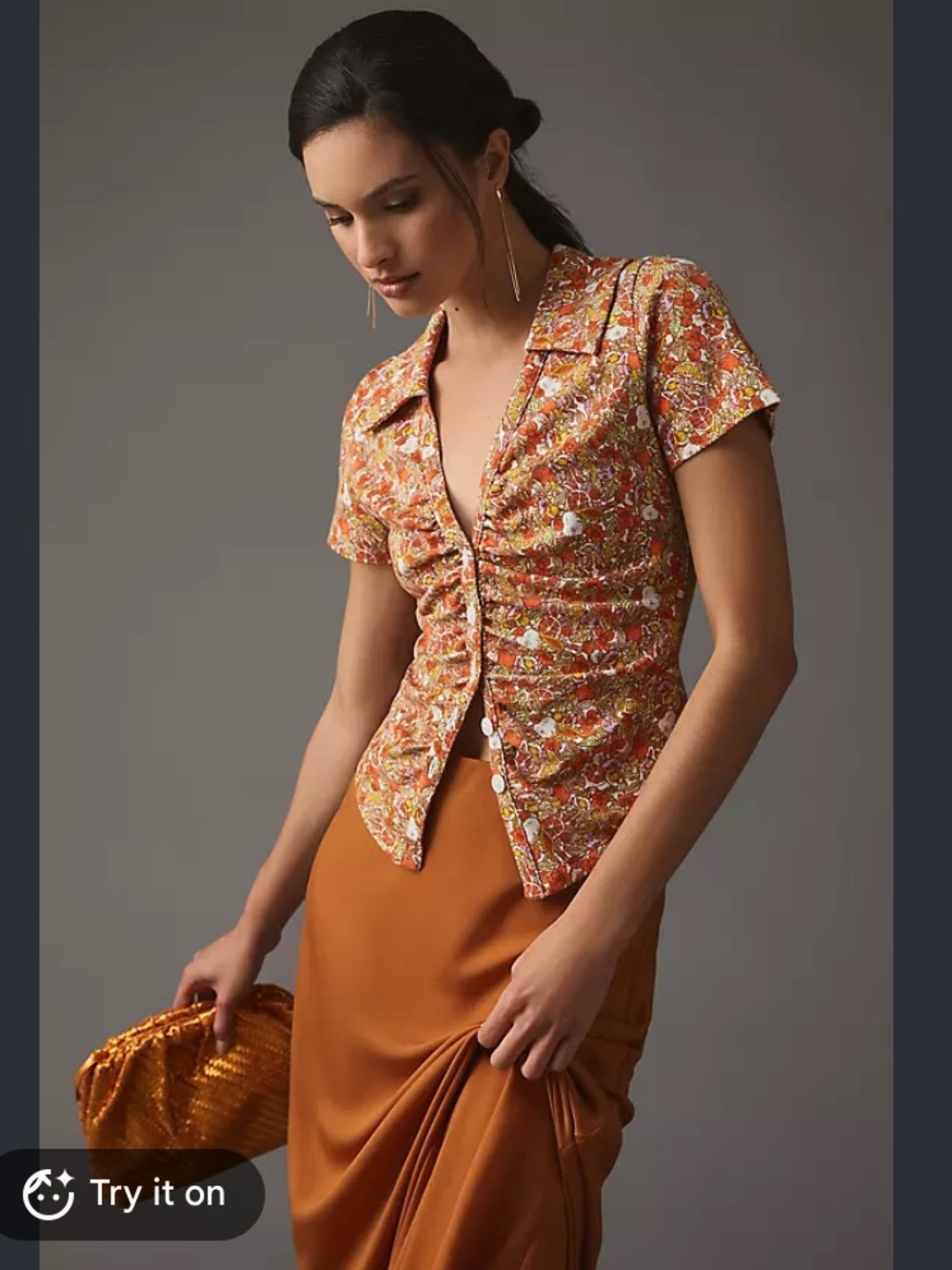 New Anthropologie Maeve Ruched Retro Lemon Citrus Pleated Button Up Top Shirt M